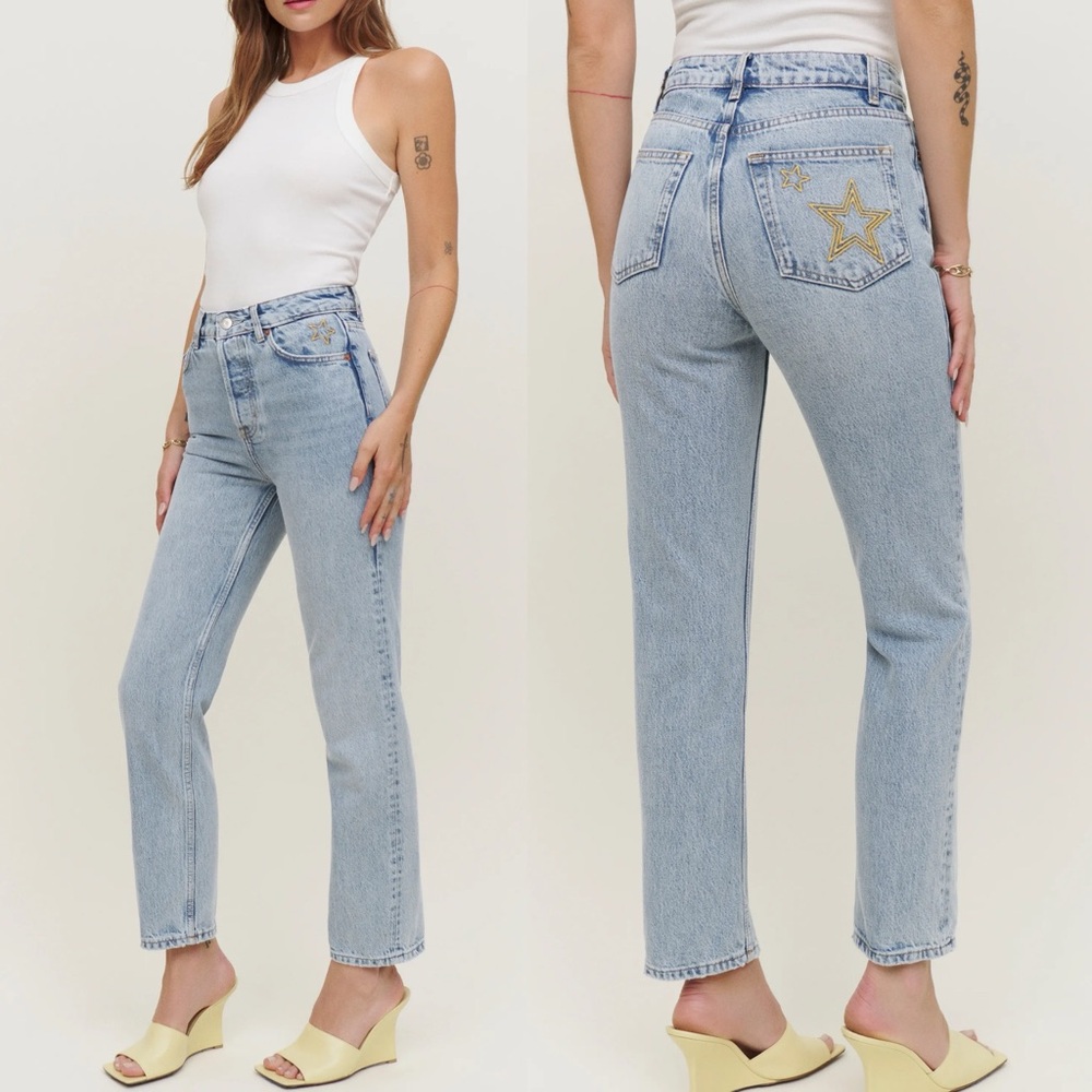 REFORMATION Jeans Cynthia High Rise Straight 
Star Embroider Sloane Blue Size 30